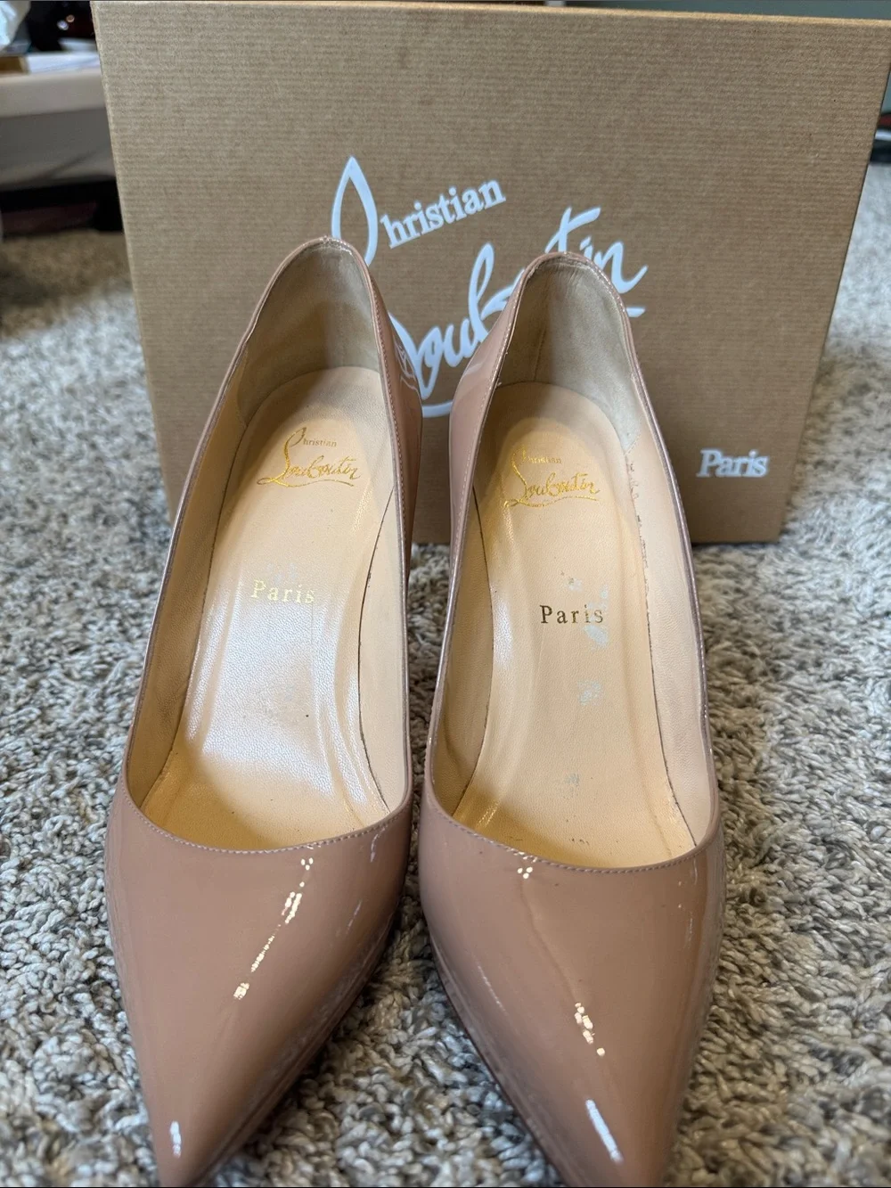 Christian Louboutin Nude Patent Leather Pointed-Toe Pumps with Red Soles